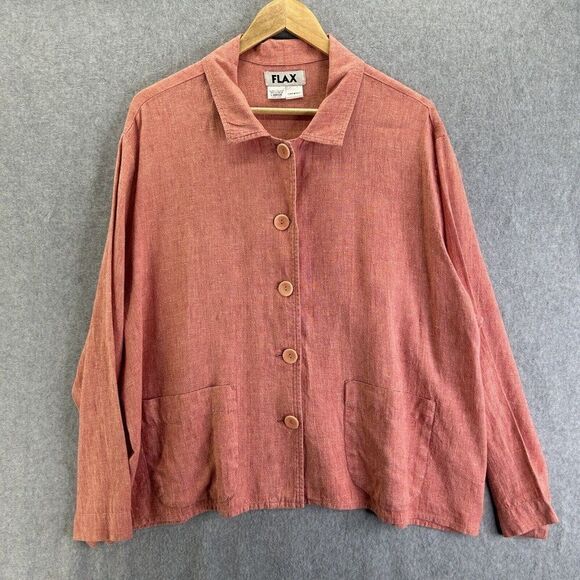 FLAX Long Sleeve Button Down Collared Linen Blouse Shirt Large Coral Salmon Pink - Picture 1 of 13